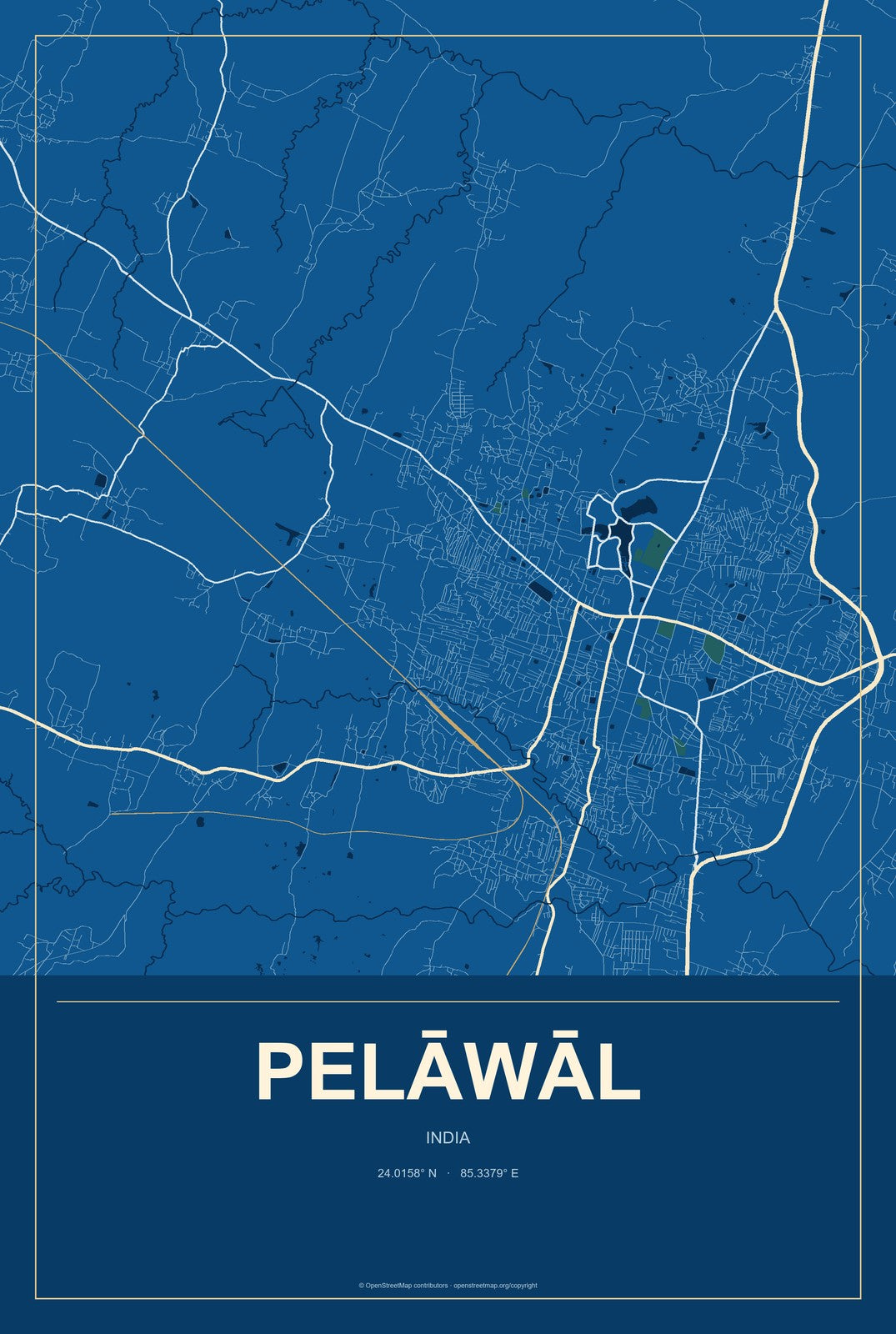 Pelāwāl, India City Map Aluminum Sign in Harbor Cobalt style
