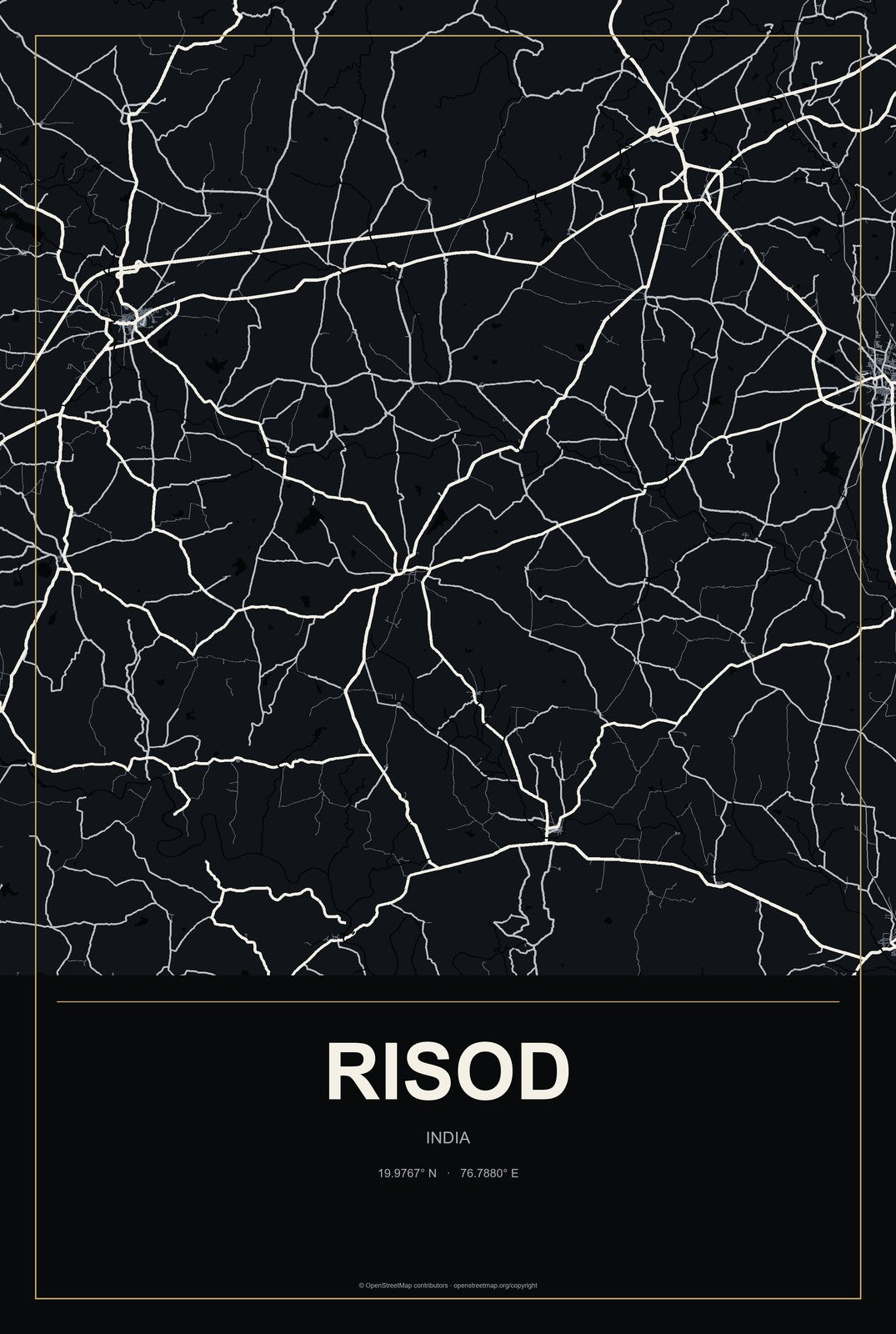 Risod, India City Map Aluminum Sign in Metropolitan Noir style