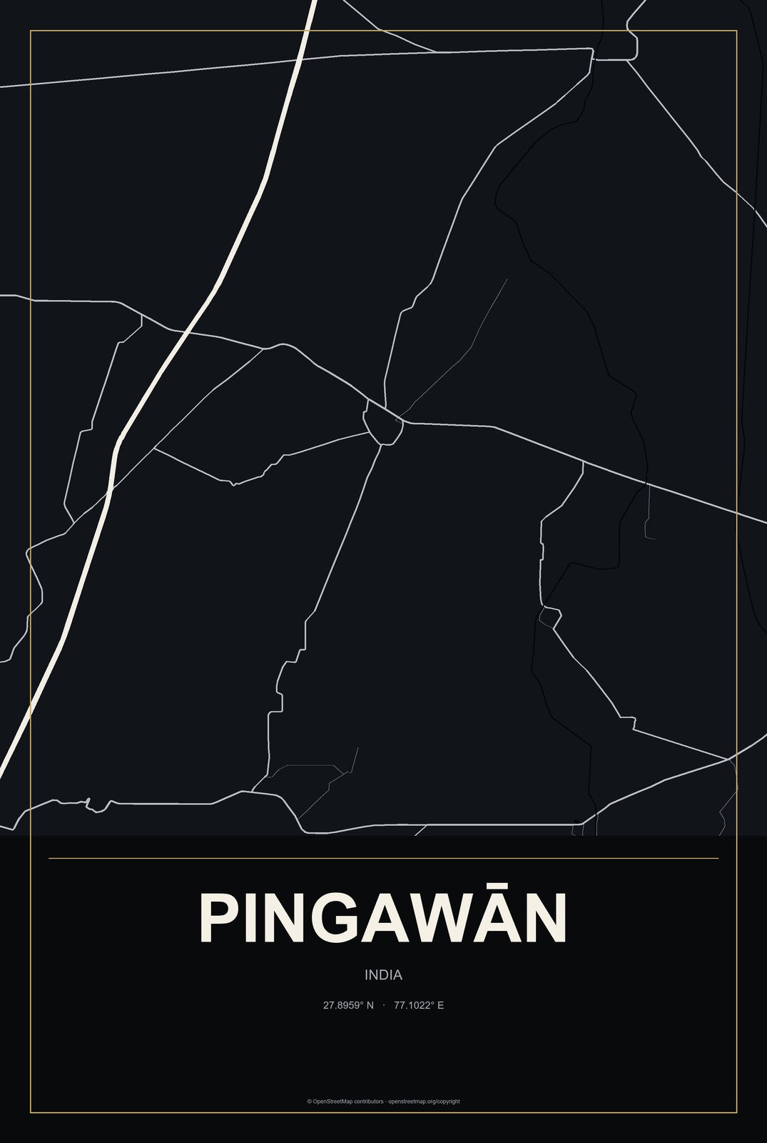 Pingawān, India City Map Aluminum Sign in Metropolitan Noir style