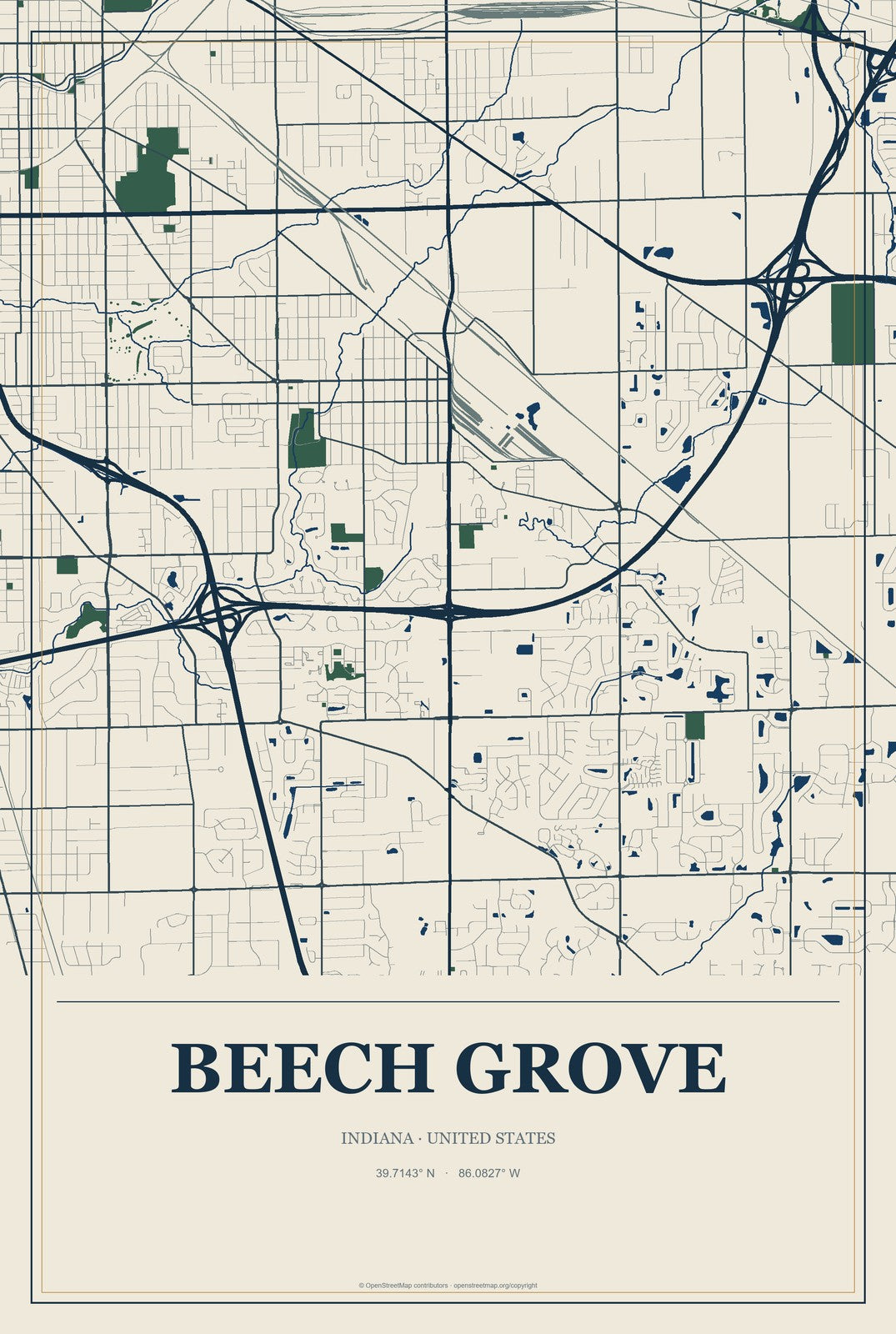 Beech Grove, Indiana City Map Aluminum Sign in Coastal Cutout style