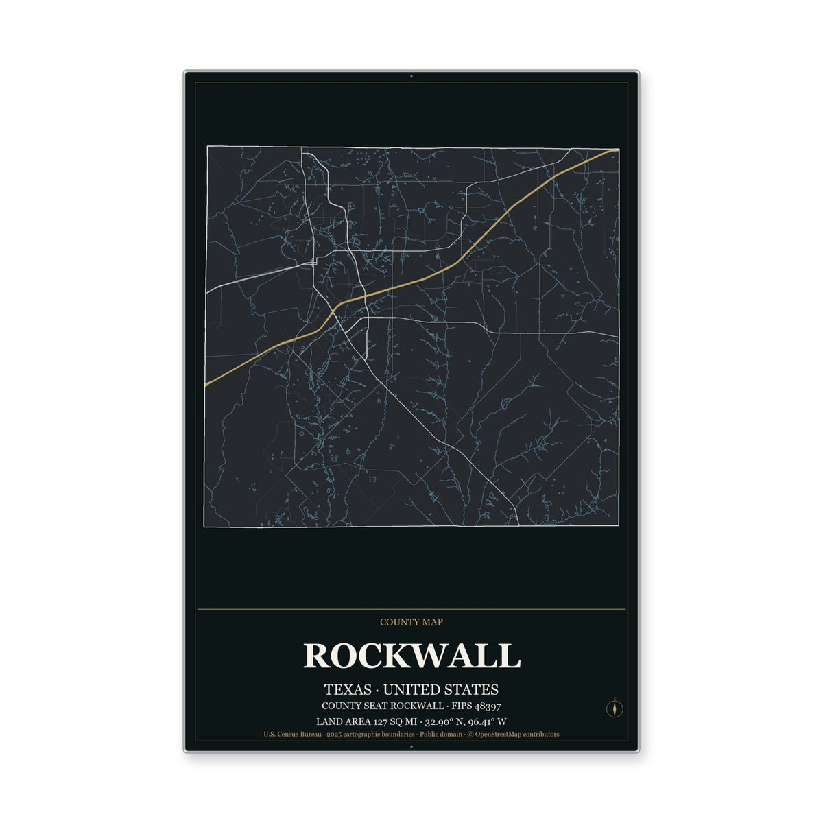 Rockwall County, Texas Map Aluminum Sign in Metropolitan Noir style