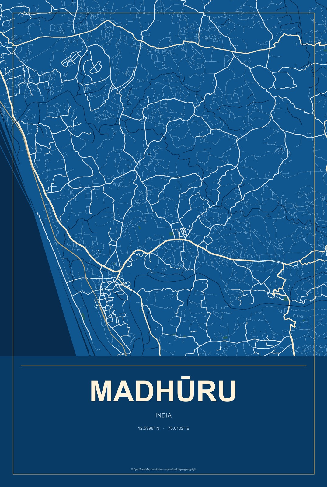 Madhūru, India City Map Aluminum Sign in Harbor Cobalt style