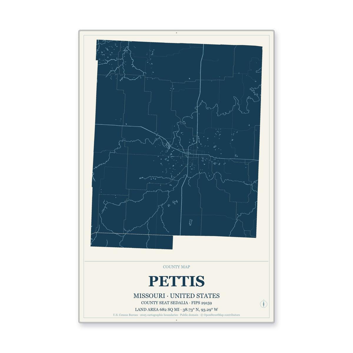 Pettis County, Missouri Map Aluminum Sign in Coastal Cutout style