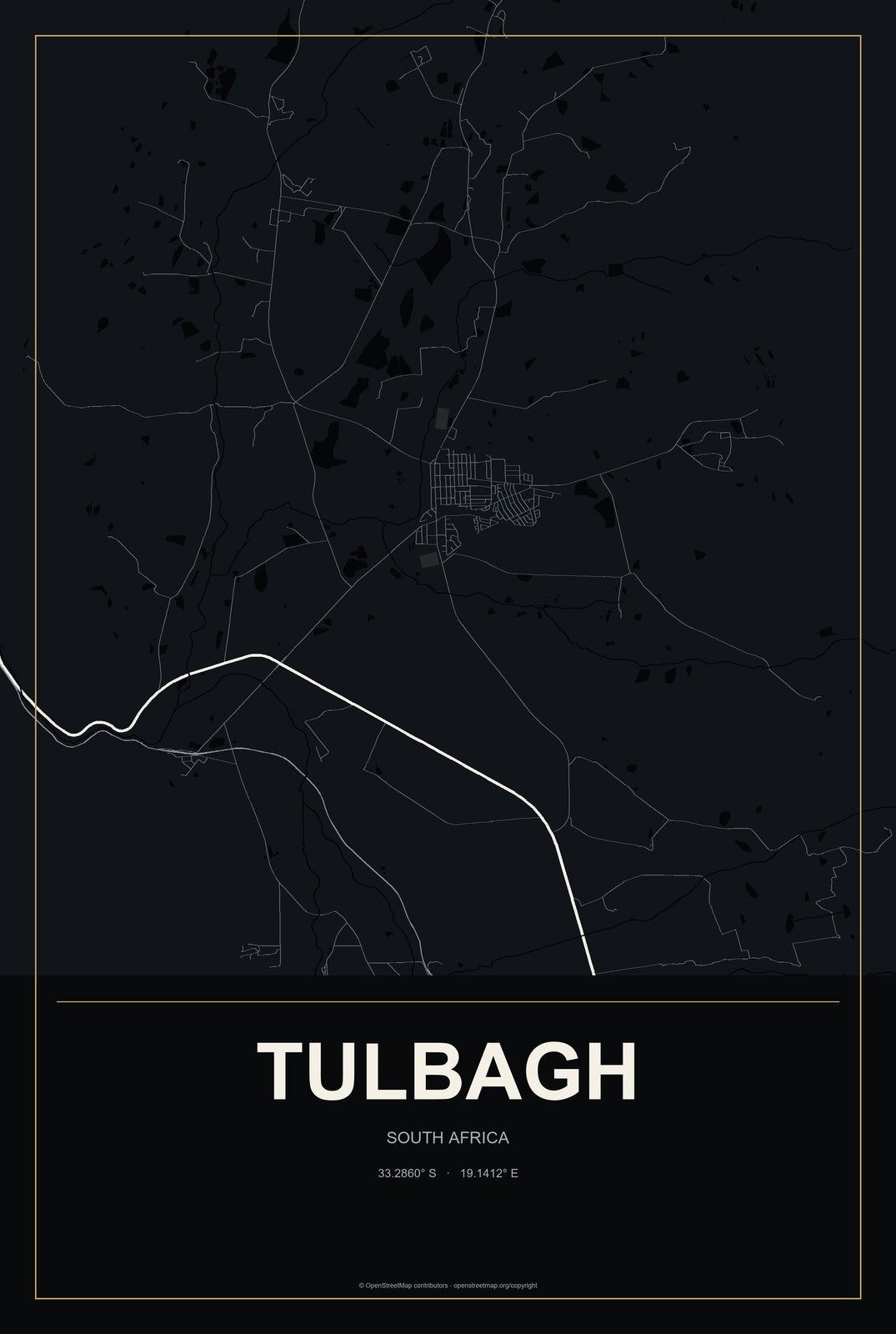 Tulbagh, South Africa City Map Aluminum Sign in Metropolitan Noir style