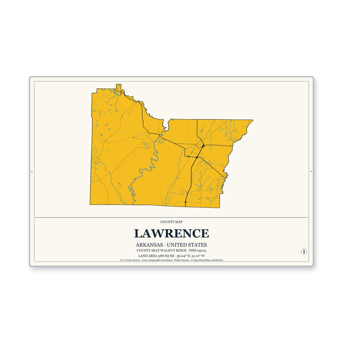 Lawrence County, Arkansas Map Aluminum Sign in Citrine Modern style