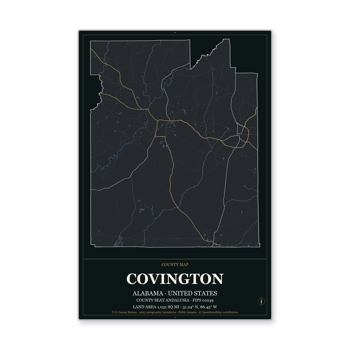 Covington County, Alabama Map Aluminum Sign in Metropolitan Noir style