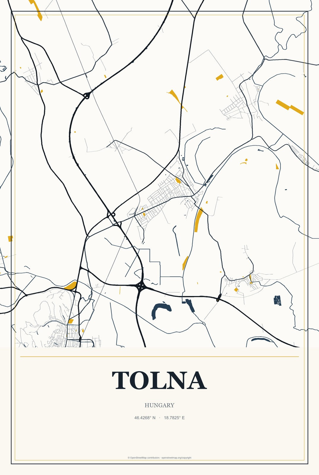 Tolna, Hungary City Map Aluminum Sign in Citrine Modern style