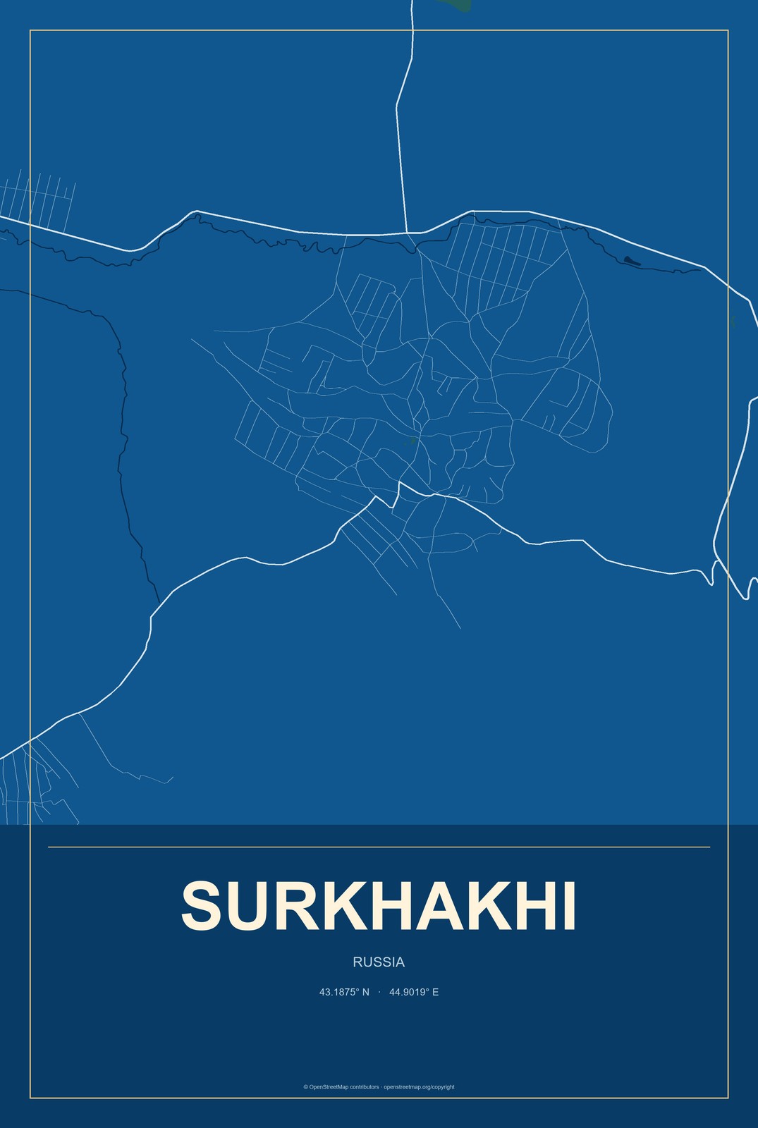 Surkhakhi, Russia City Map Aluminum Sign in Harbor Cobalt style