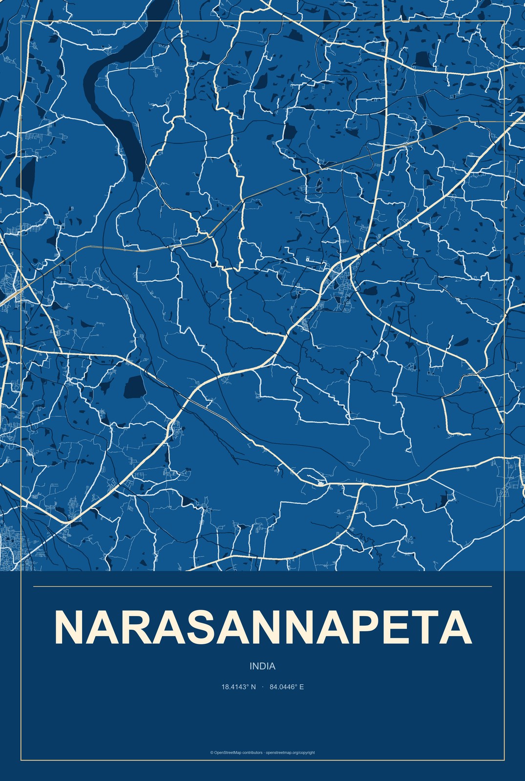 Narasannapeta, India City Map Aluminum Sign in Harbor Cobalt style