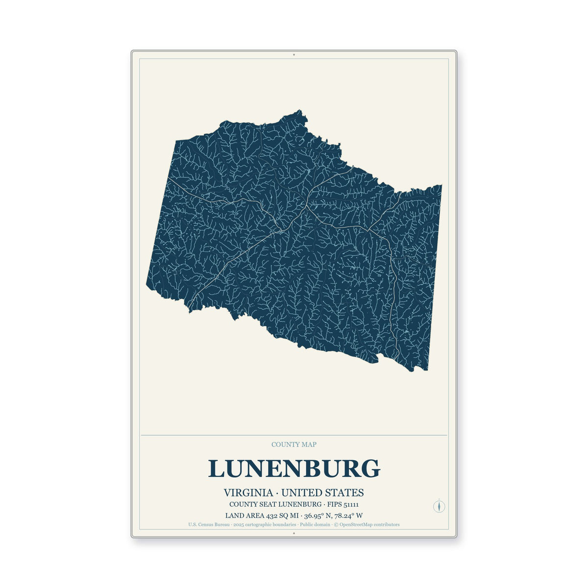 Lunenburg County, Virginia Map Aluminum Sign in Coastal Cutout style