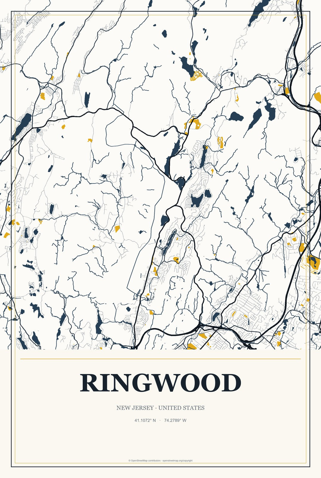 Ringwood, New Jersey City Map Aluminum Sign in Citrine Modern style
