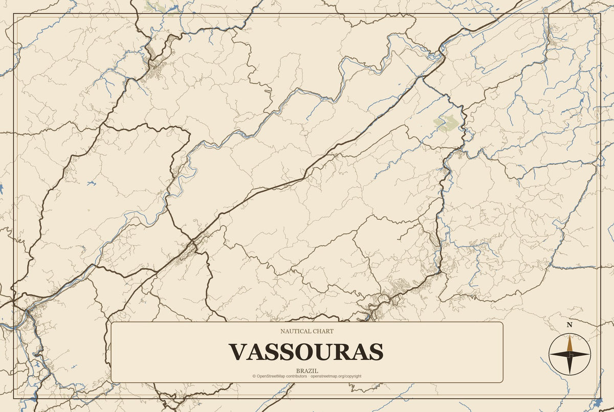 Vassouras, Brazil City Map Aluminum Sign in Heritage Nautical style