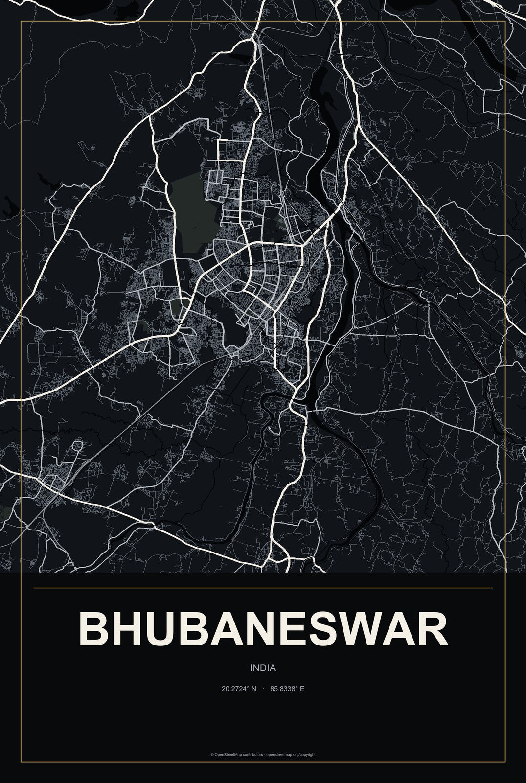 Bhubaneswar, India City Map Aluminum Sign in Metropolitan Noir style