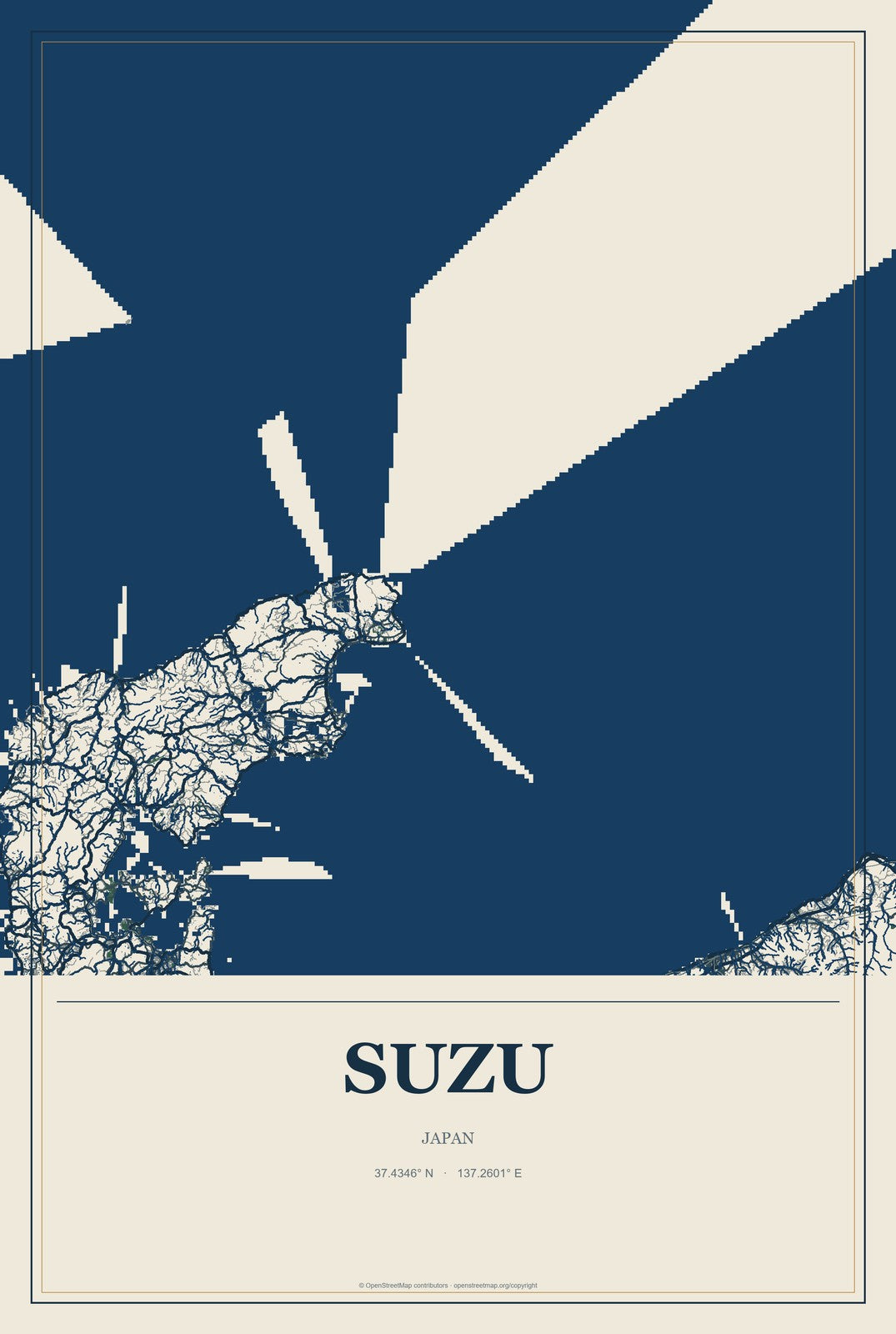 Suzu, Japan City Map Aluminum Sign in Coastal Cutout style