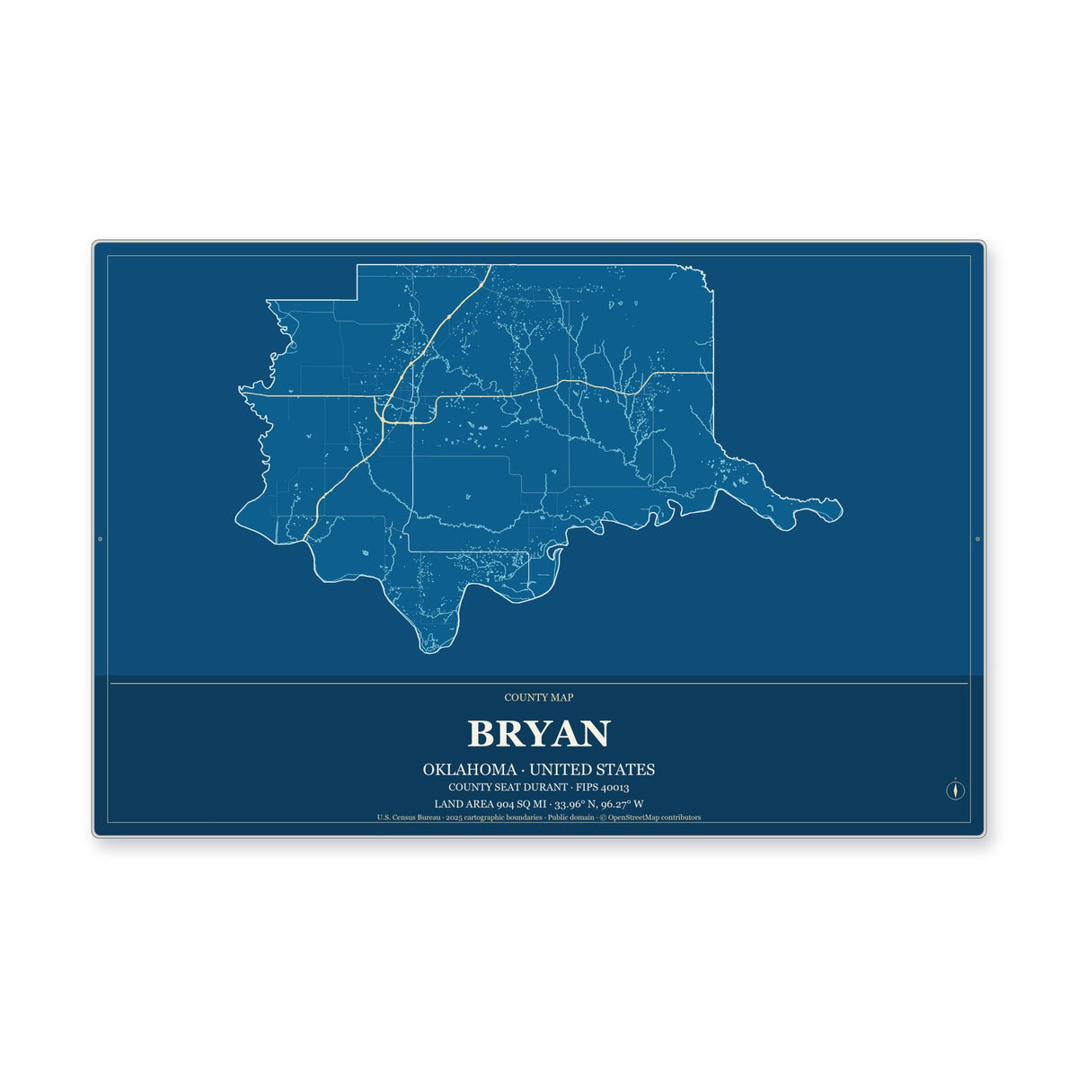 Bryan County, Oklahoma Map Aluminum Sign in Harbor Cobalt style