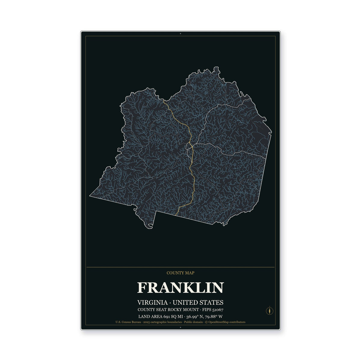 Franklin County, Virginia Map Aluminum Sign in Metropolitan Noir style