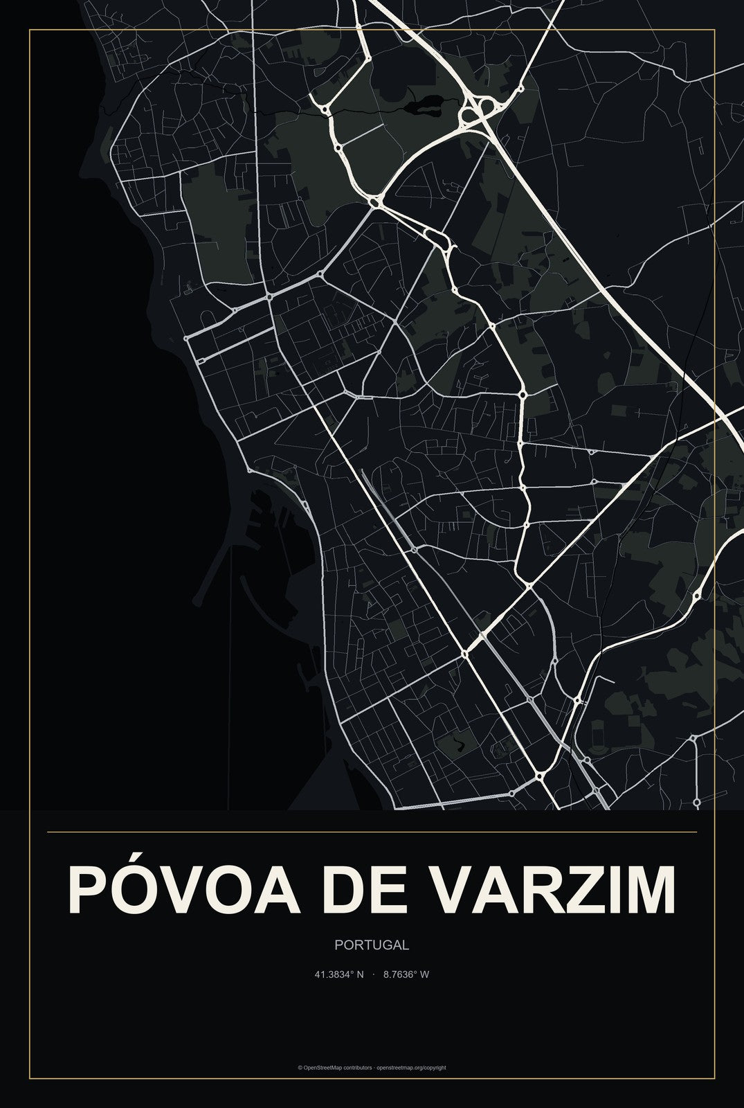 Póvoa de Varzim, Portugal City Map Aluminum Sign in Metropolitan Noir style