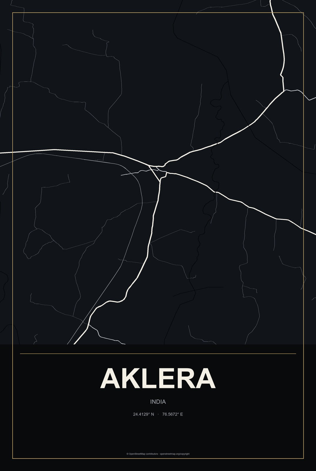 Aklera, India City Map Aluminum Sign in Metropolitan Noir style