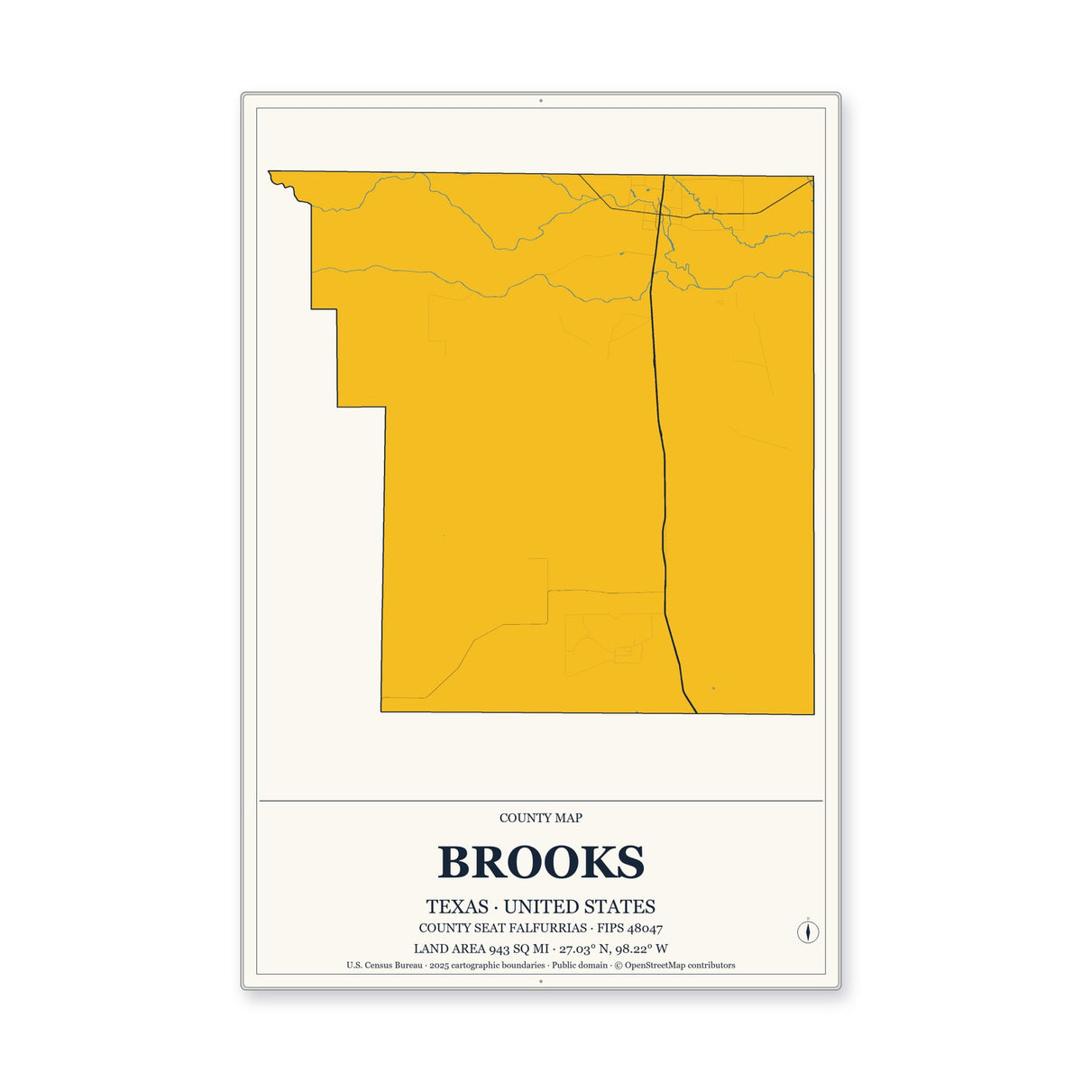 Brooks County, Texas Map Aluminum Sign in Citrine Modern style