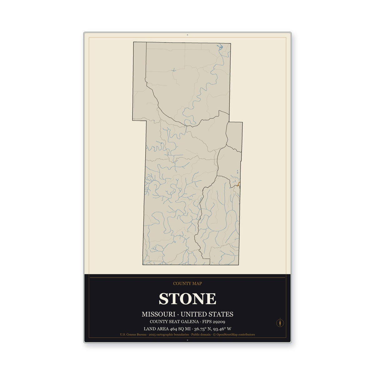 Stone County, Missouri Map Aluminum Sign in Museum Plaque style