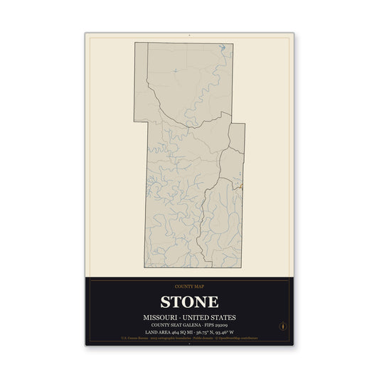 Stone County, Missouri Map Aluminum Sign in Museum Plaque style