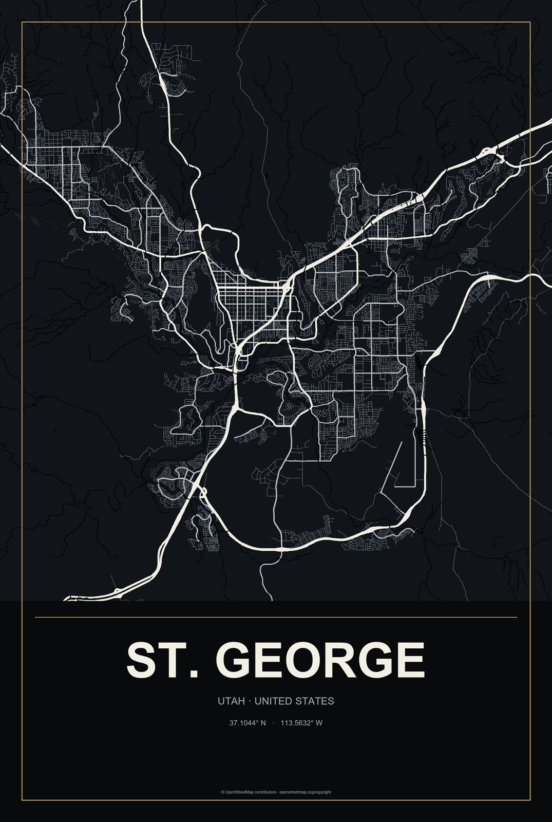 St. George, Utah City Map Aluminum Sign in Metropolitan Noir style