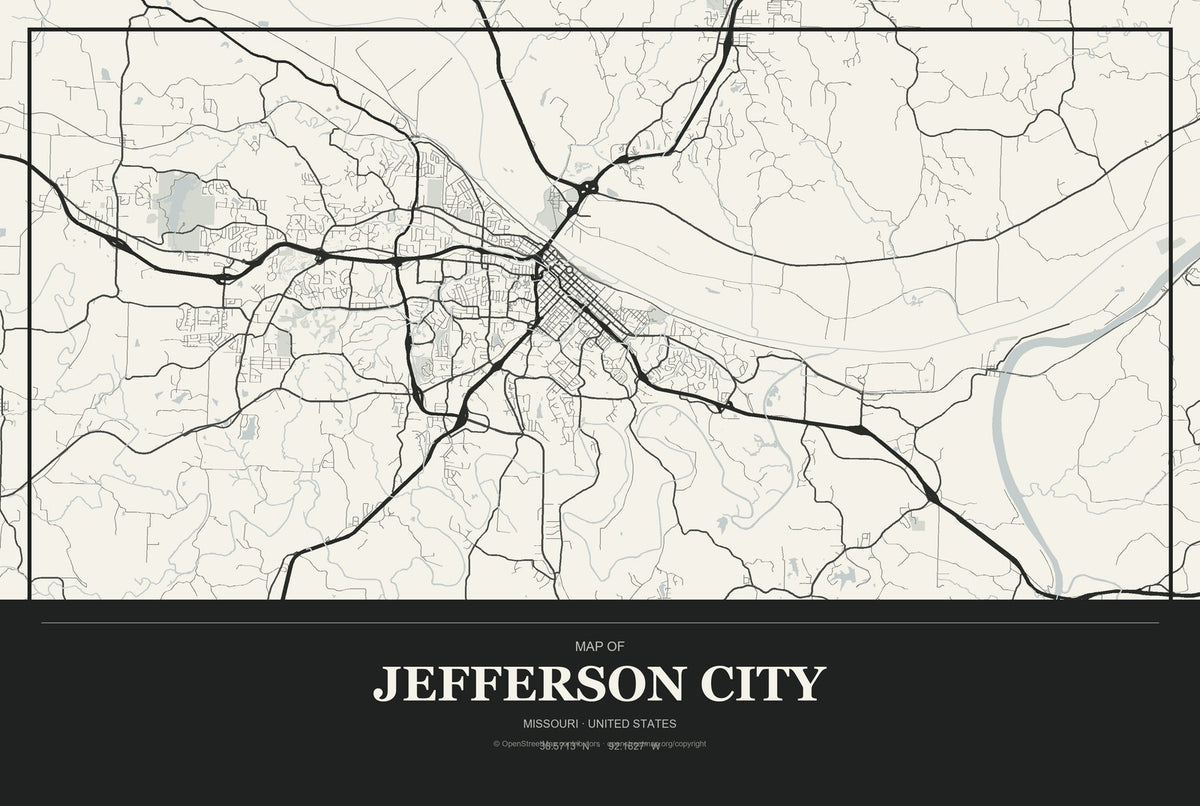 Jefferson City, Missouri City Map Aluminum Sign in Museum Plaque style