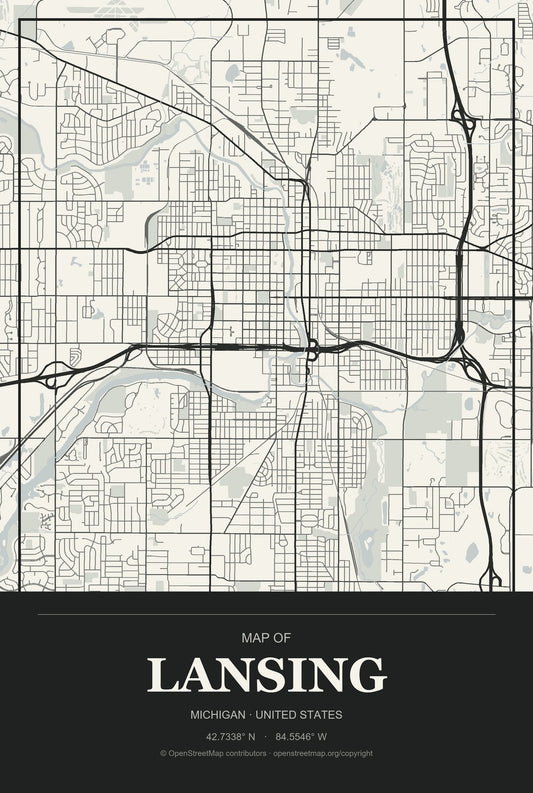 Lansing, Michigan City Map Aluminum Sign in Museum Plaque style