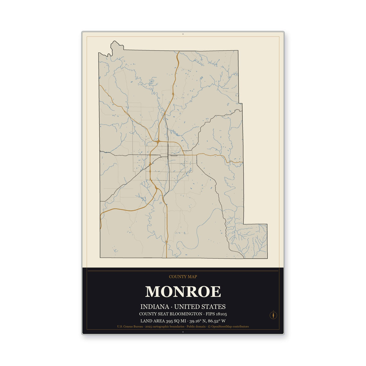 Monroe County, Indiana Map Aluminum Sign in Museum Plaque style