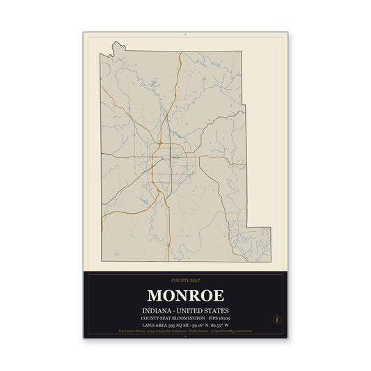 Monroe County, Indiana Map Aluminum Sign in Museum Plaque style