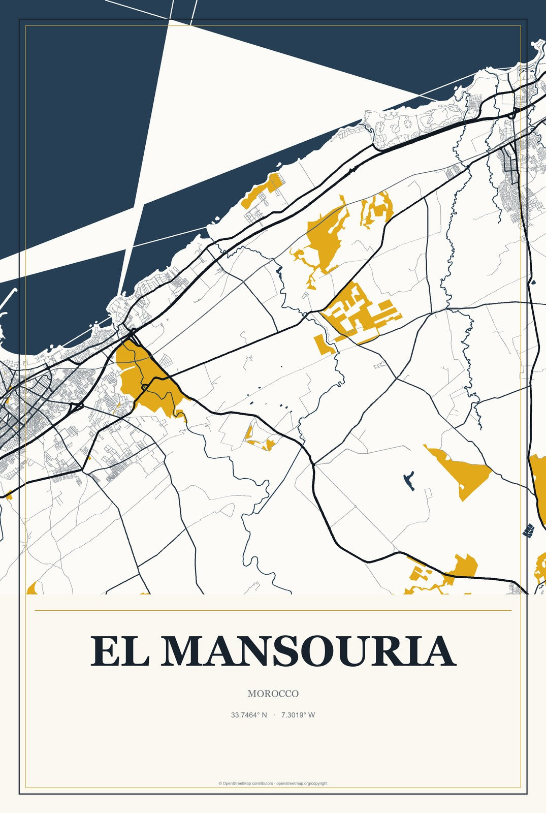 El Mansouria, Morocco City Map Aluminum Sign in Citrine Modern style