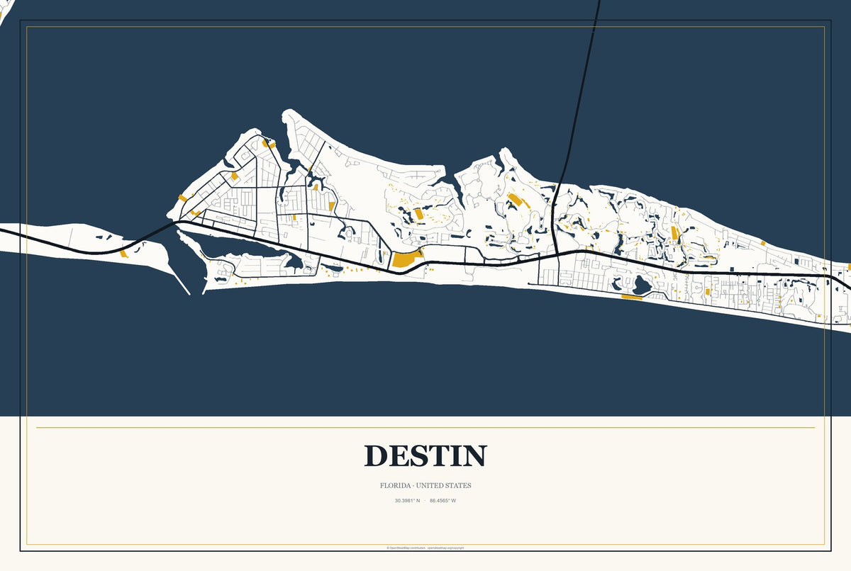 Destin, Florida City Map Aluminum Sign in Citrine Modern style