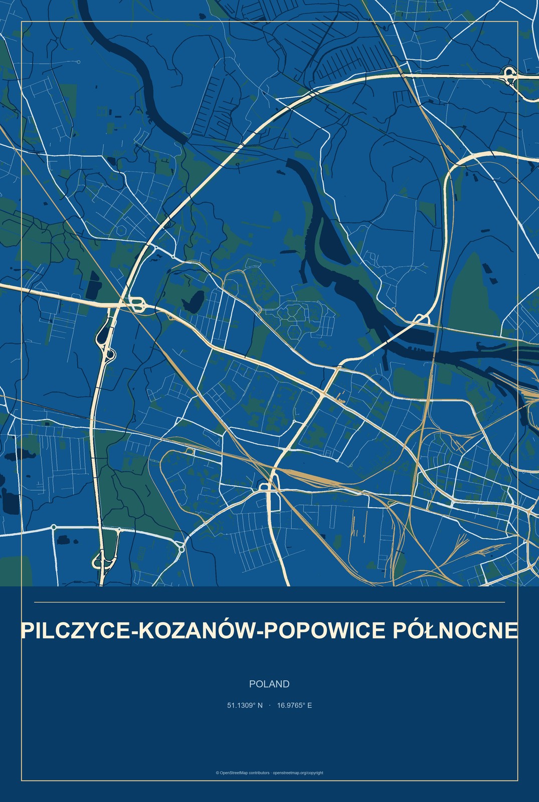 Pilczyce-Kozanów-Popowice Północne, Poland City Map Aluminum Sign in Harbor Cobalt style