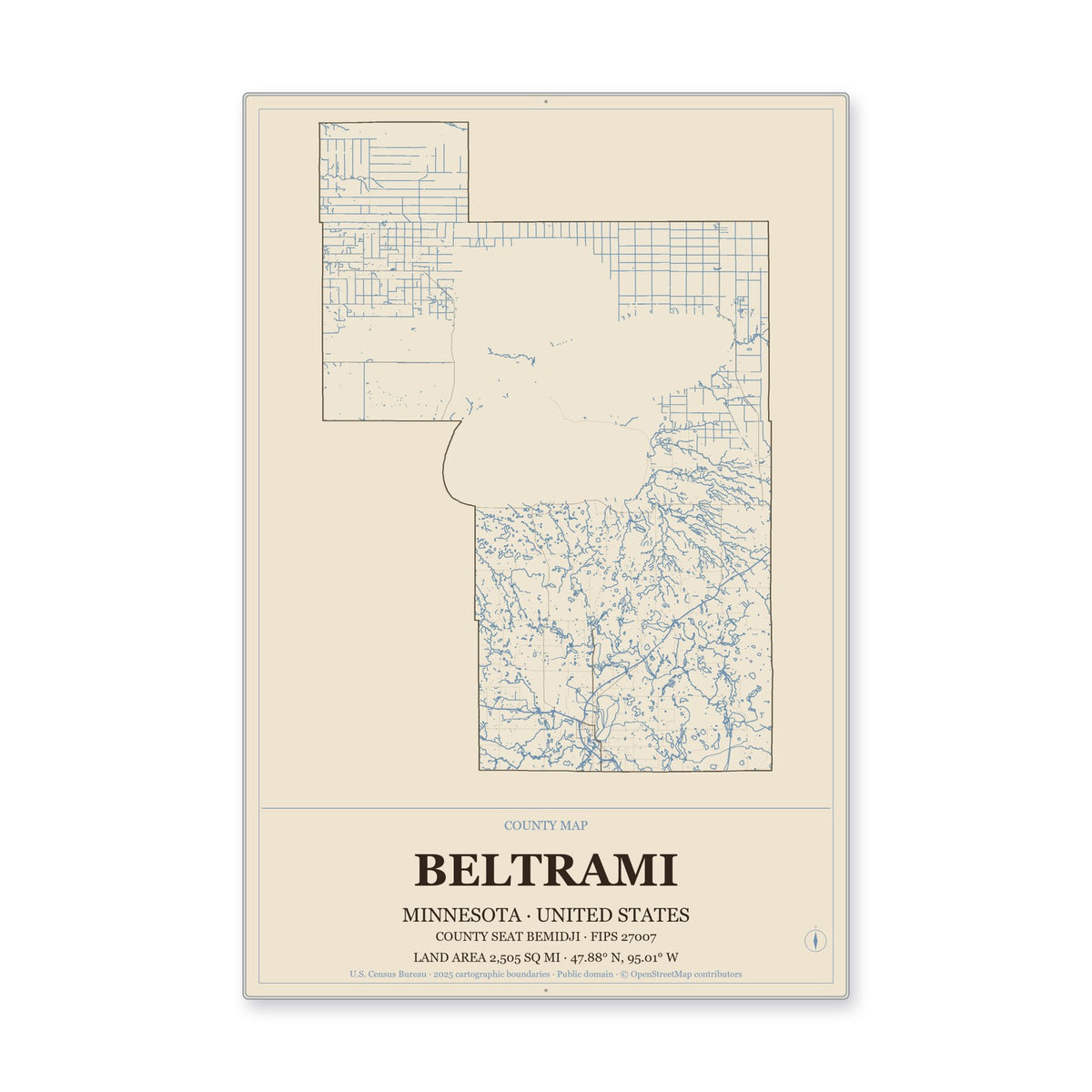 Beltrami County, Minnesota Map Aluminum Sign in Heritage Nautical style