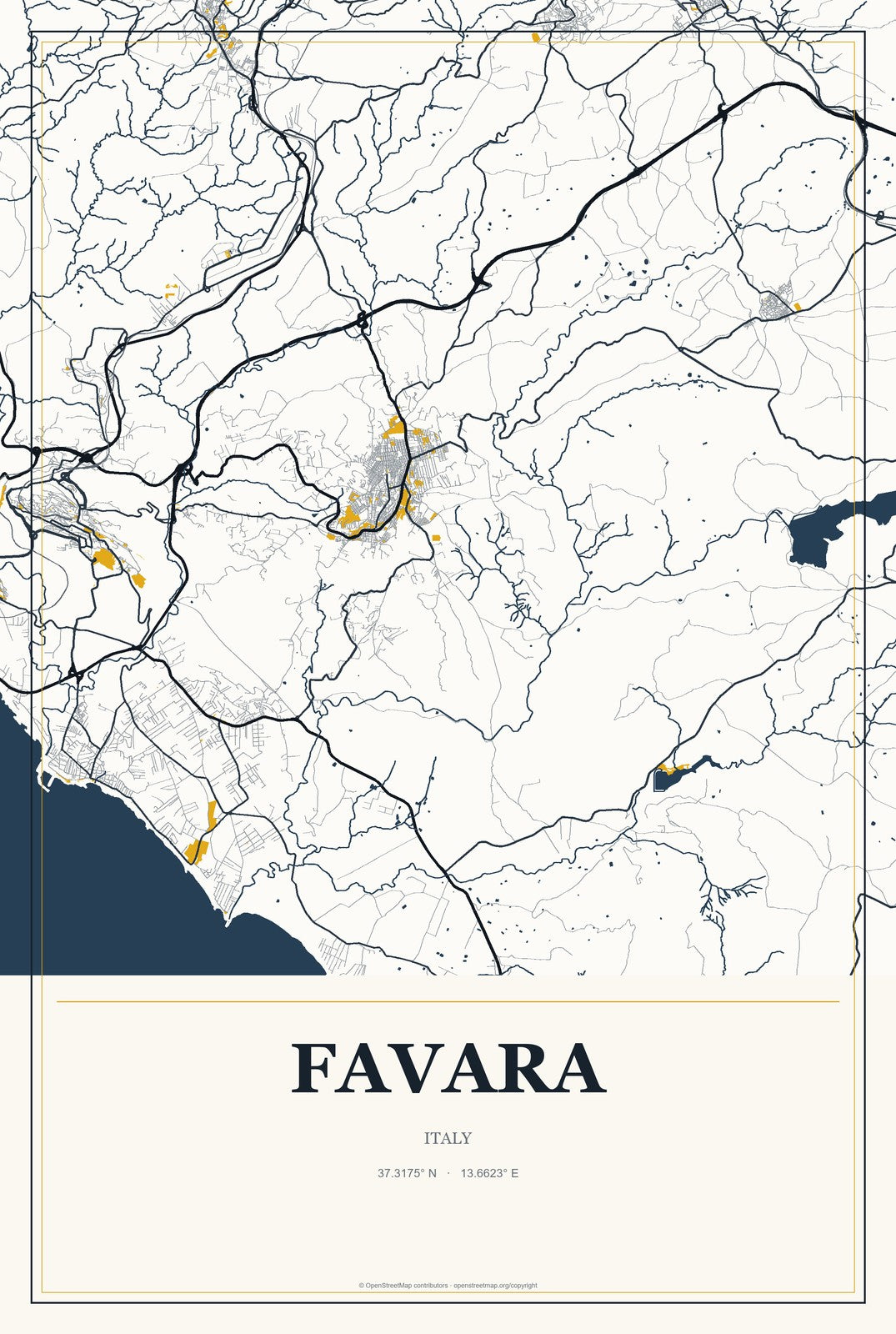 Favara, Italy City Map Aluminum Sign in Citrine Modern style
