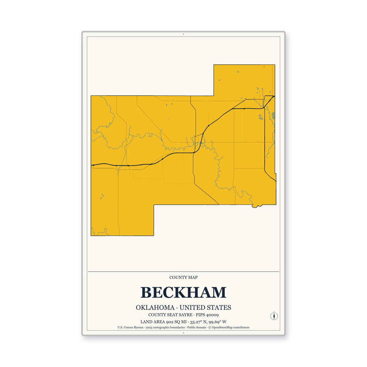 Beckham County, Oklahoma Map Aluminum Sign in Citrine Modern style