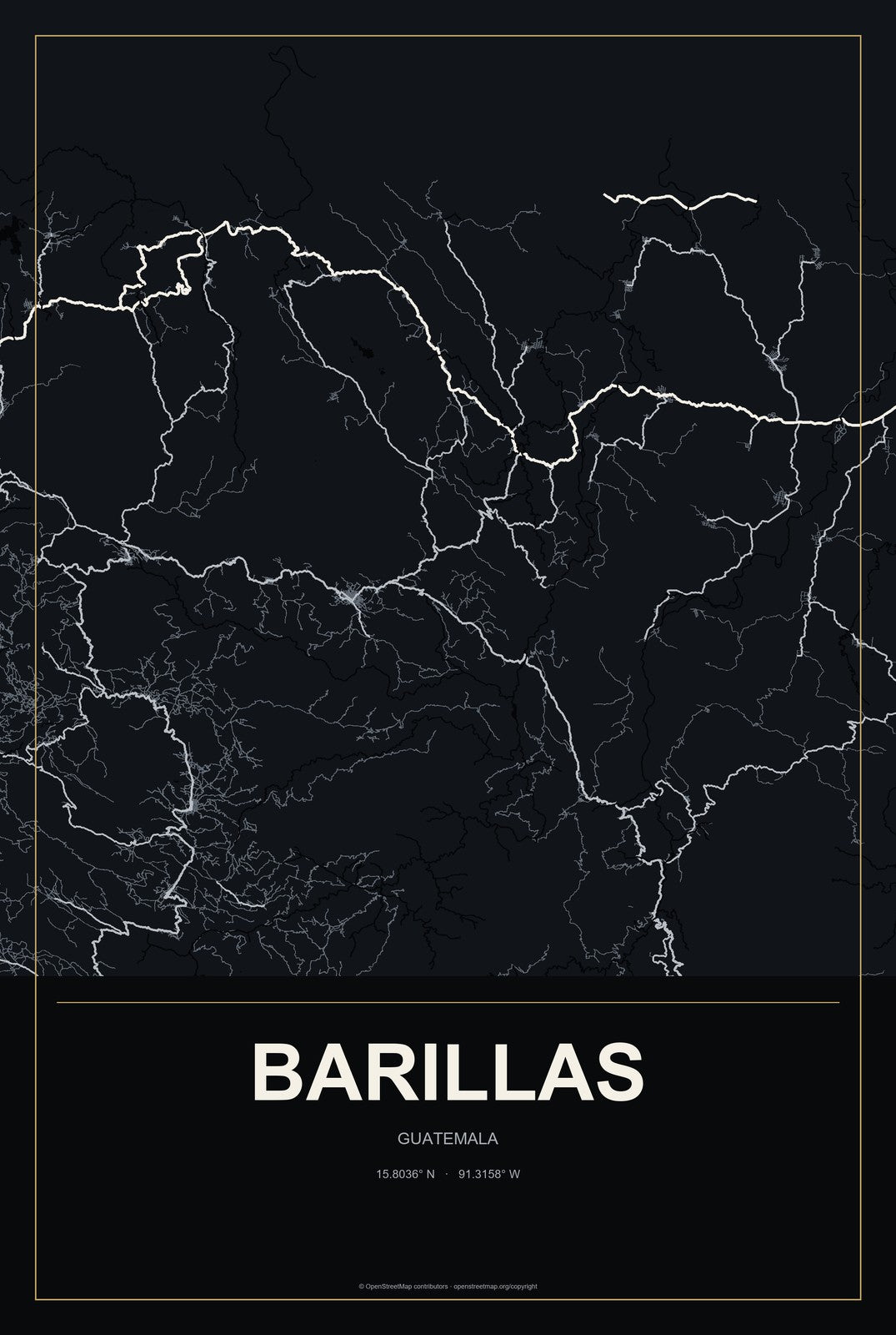 Barillas, Guatemala City Map Aluminum Sign in Metropolitan Noir style