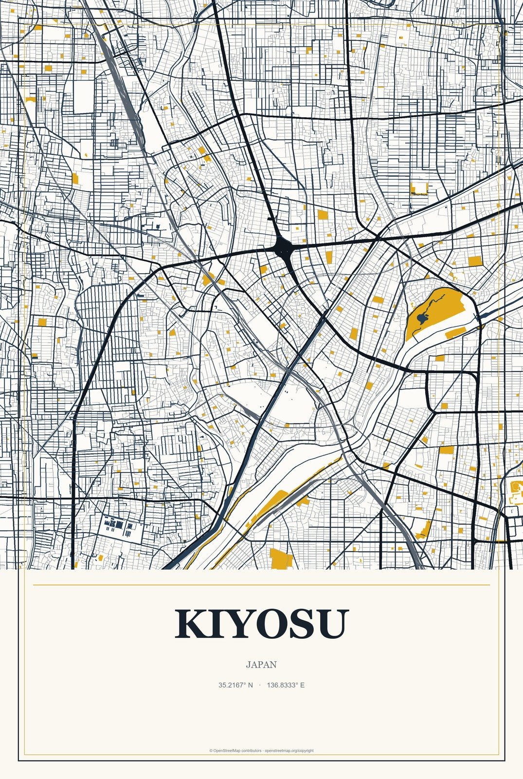 Kiyosu, Japan City Map Aluminum Sign in Citrine Modern style