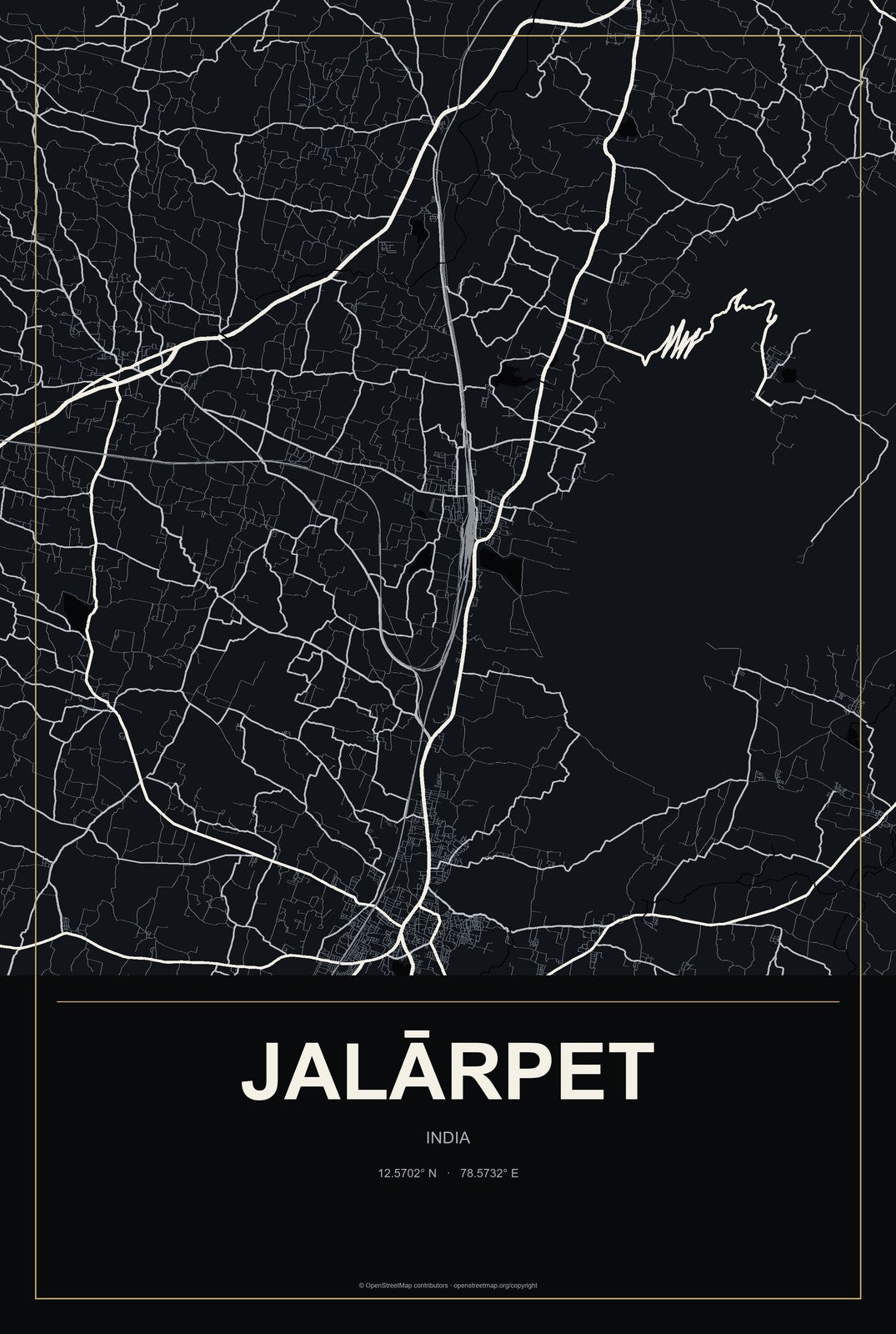 Jalārpet, India City Map Aluminum Sign in Metropolitan Noir style