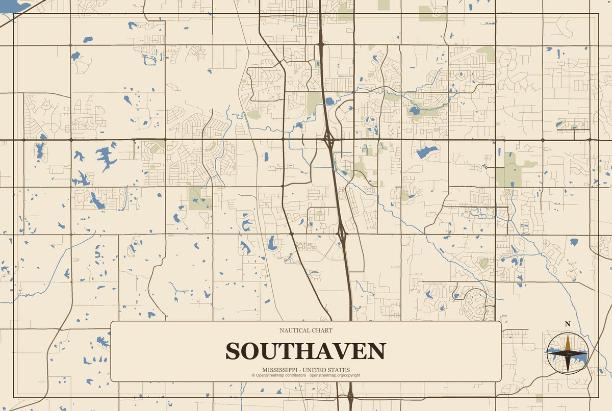 Southaven, Mississippi City Map Aluminum Sign in Heritage Nautical style