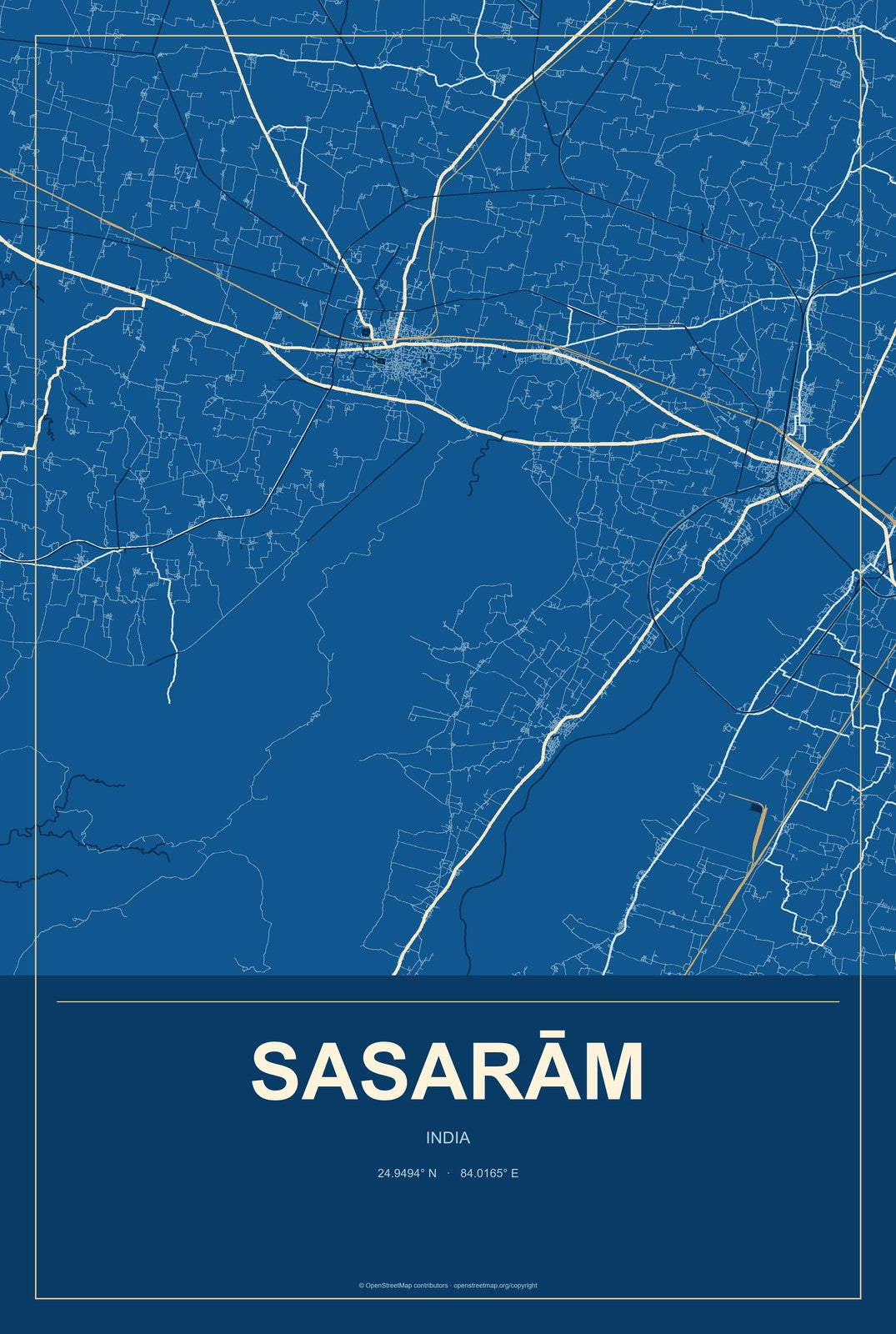Sasarām, India City Map Aluminum Sign in Harbor Cobalt style