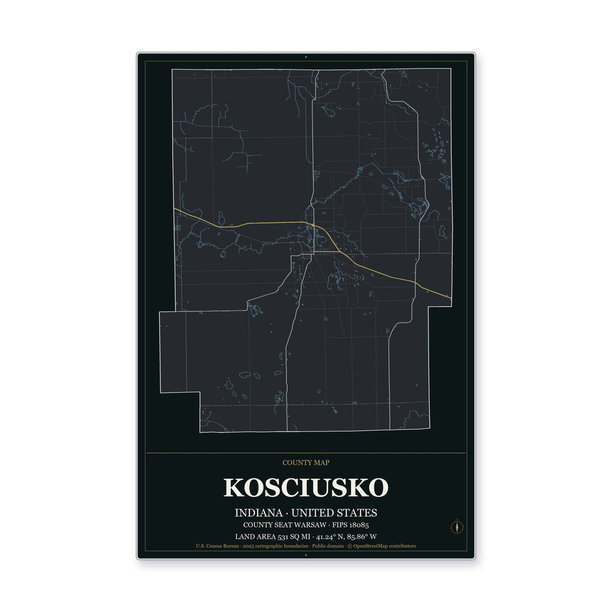 Kosciusko County, Indiana Map Aluminum Sign in Metropolitan Noir style