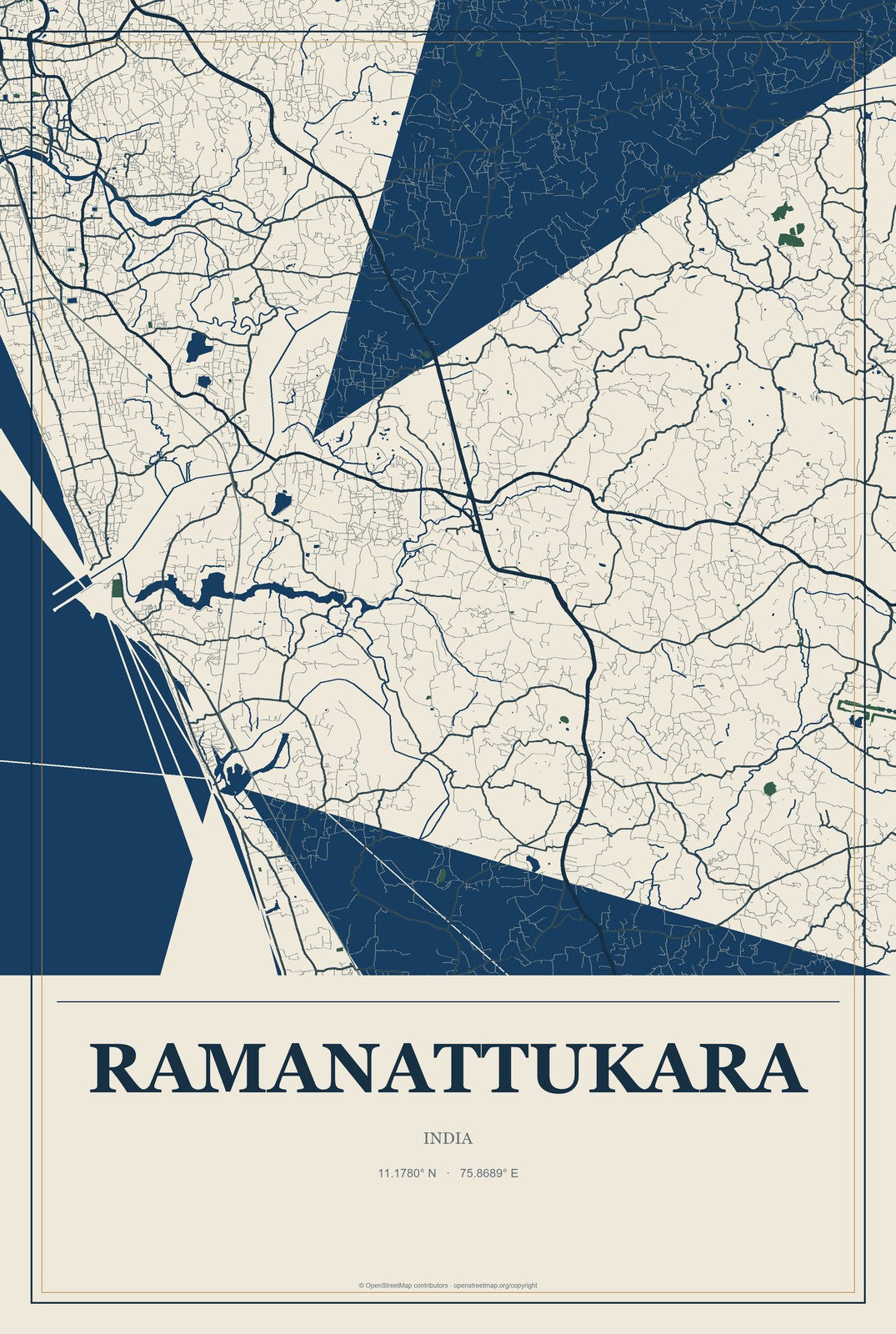 Ramanattukara, India City Map Aluminum Sign in Coastal Cutout style