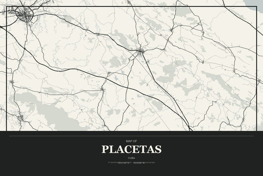 Placetas, Cuba City Map Aluminum Sign in Museum Plaque style