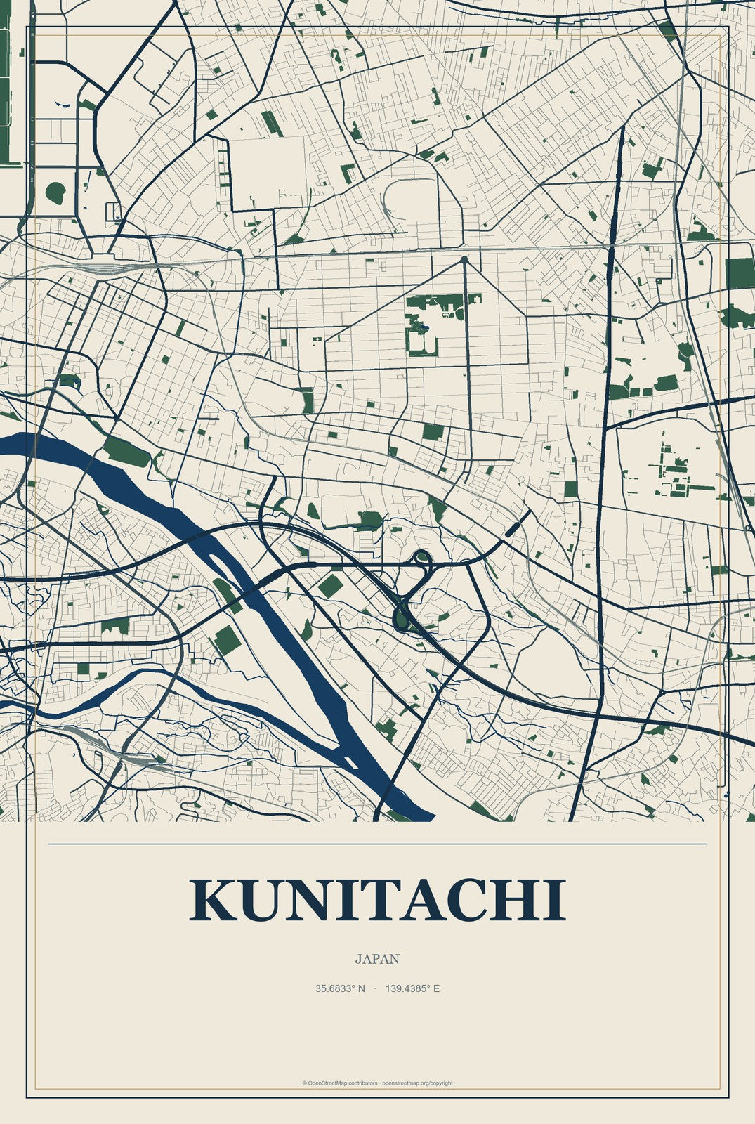 Kunitachi, Japan City Map Aluminum Sign in Coastal Cutout style