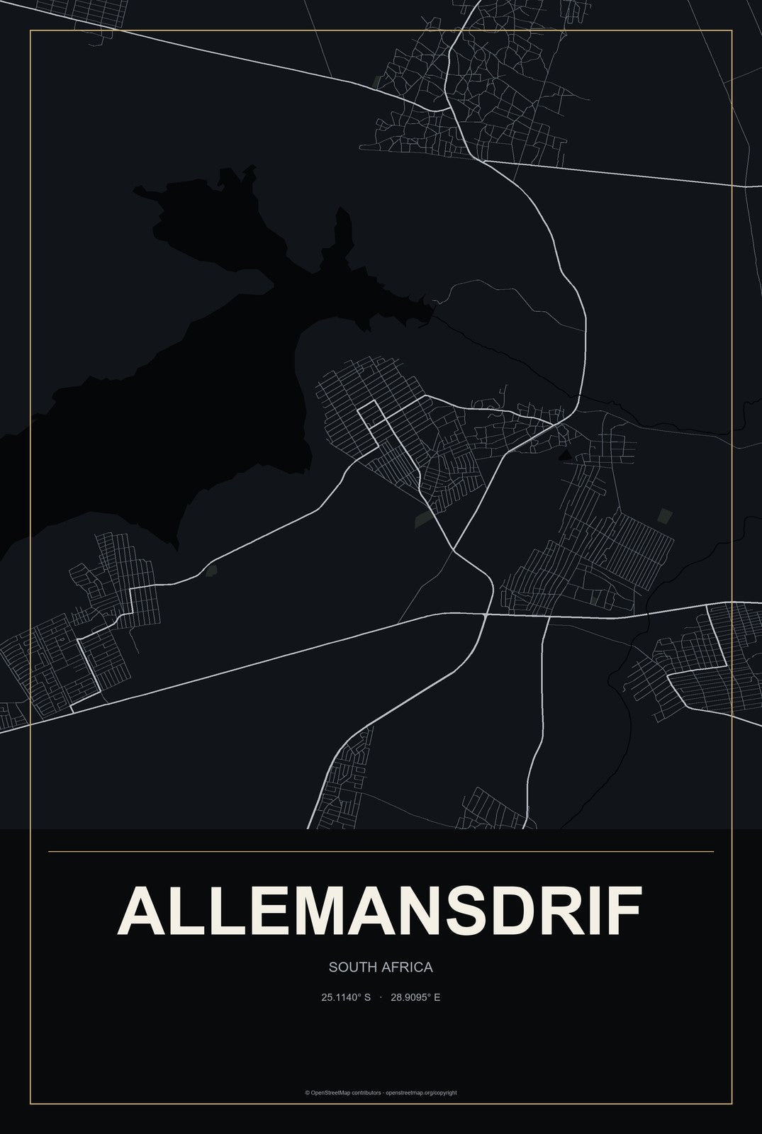 Allemansdrif, South Africa City Map Aluminum Sign in Metropolitan Noir style