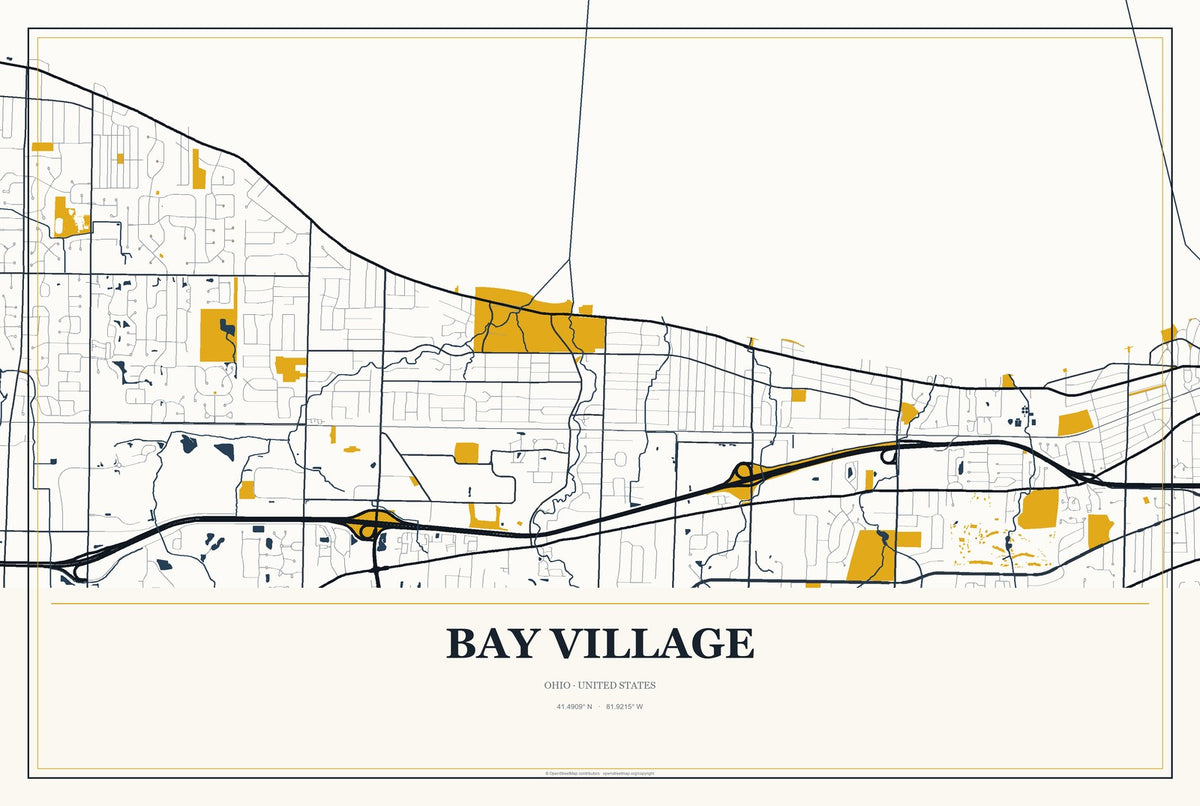 Bay Village, Ohio City Map Aluminum Sign in Citrine Modern style