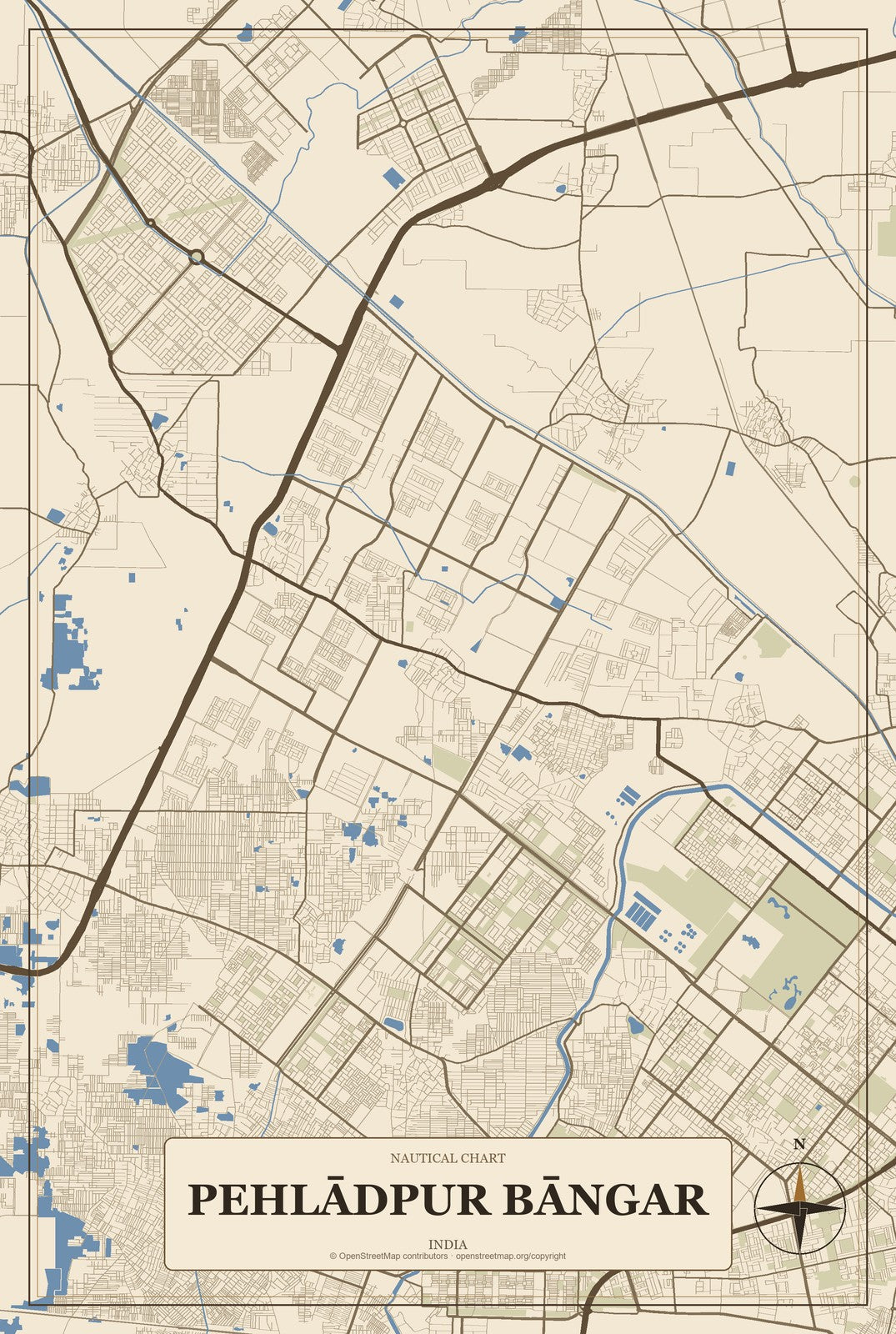 Pehlādpur Bāngar, India City Map Aluminum Sign in Heritage Nautical style
