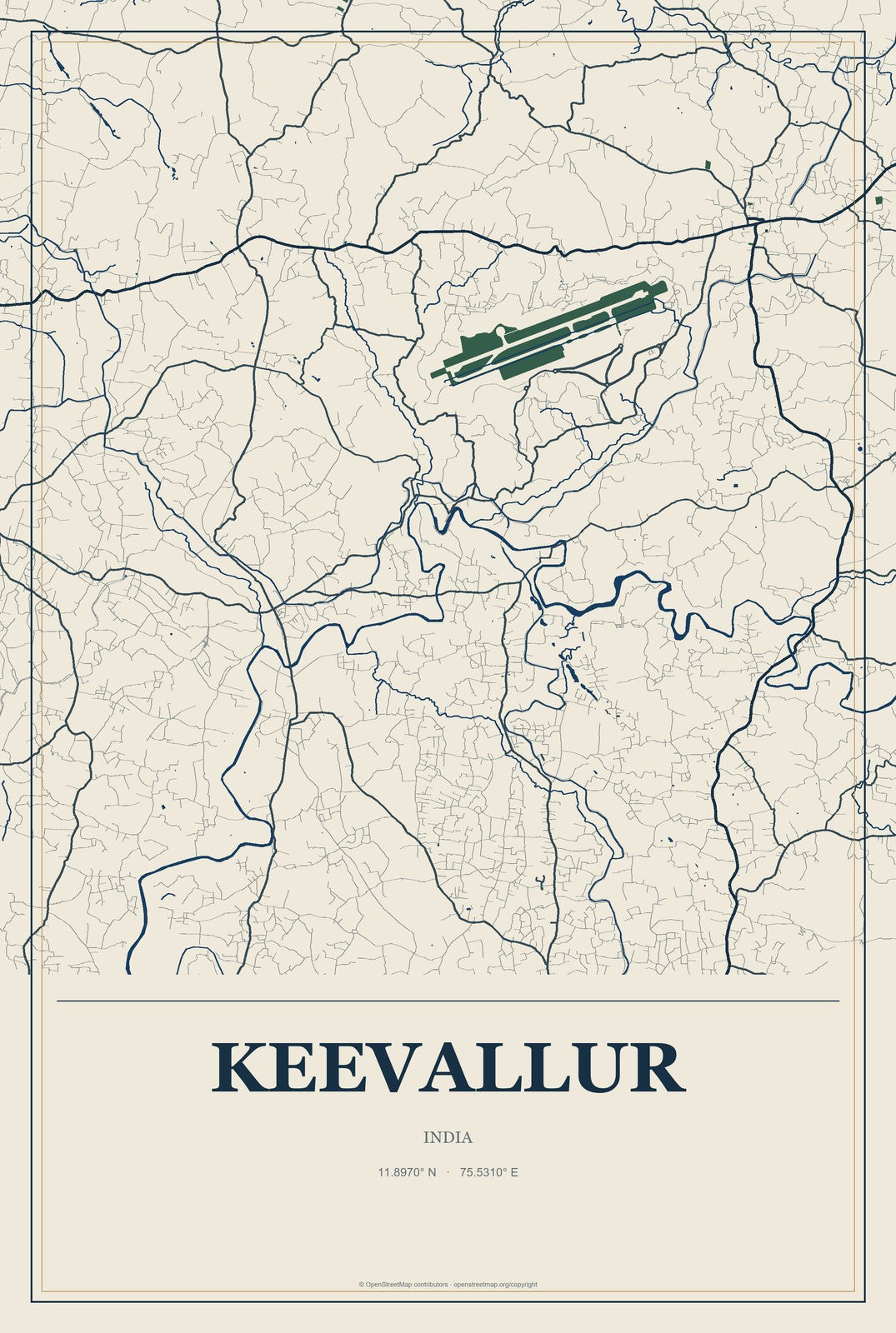 Keevallur, India City Map Aluminum Sign in Coastal Cutout style