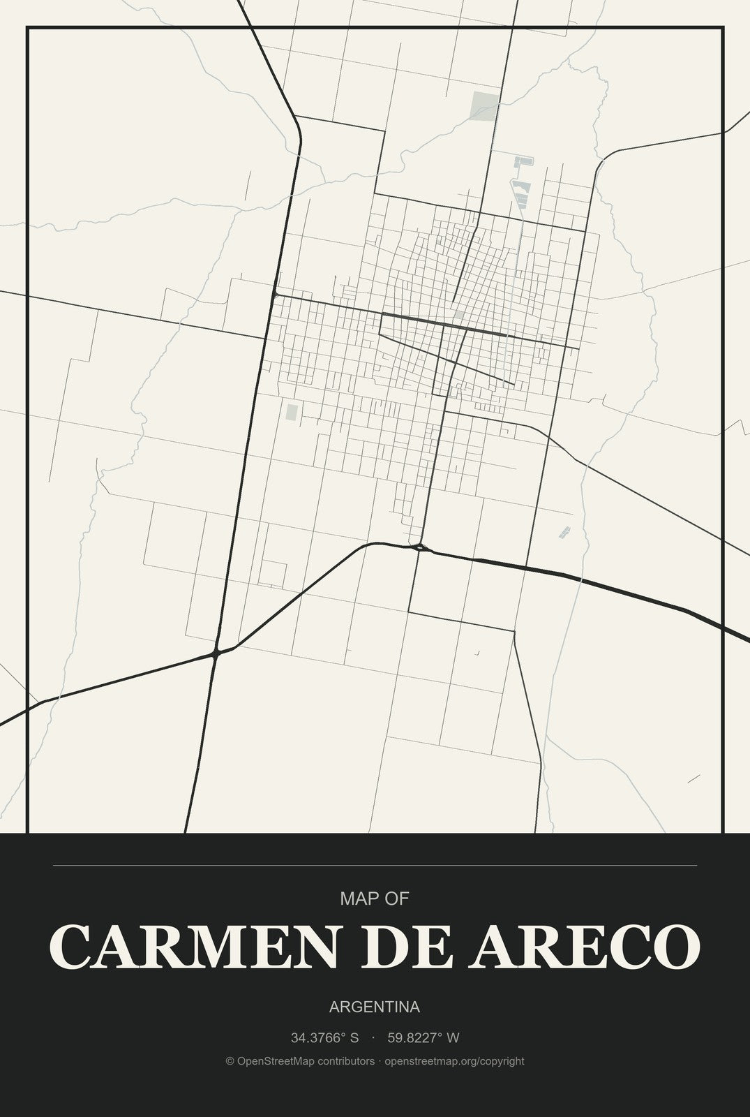 Carmen de Areco, Argentina City Map Aluminum Sign in Museum Plaque style